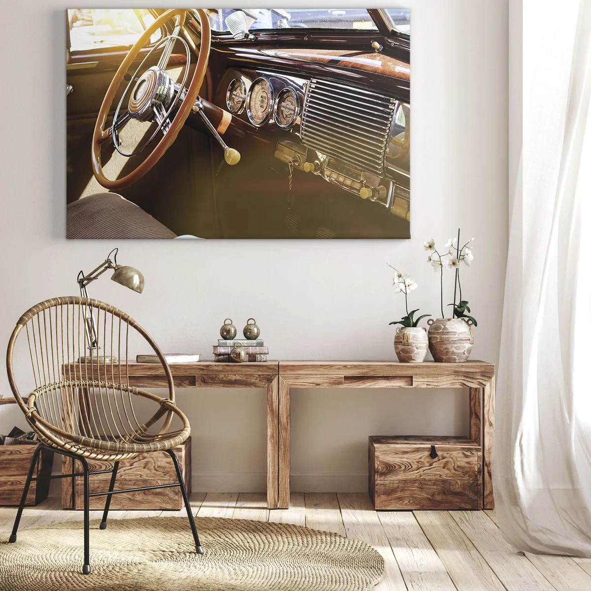 Impression sur toile - Image sur toile - Gros plan de l'intérieur d'une voiture classique avec des détails en bois et en chrome. - 120x80cm - Souffle de luxe venu du passé - Décoration murale moderne pour le salon et la chambre ARTTOR