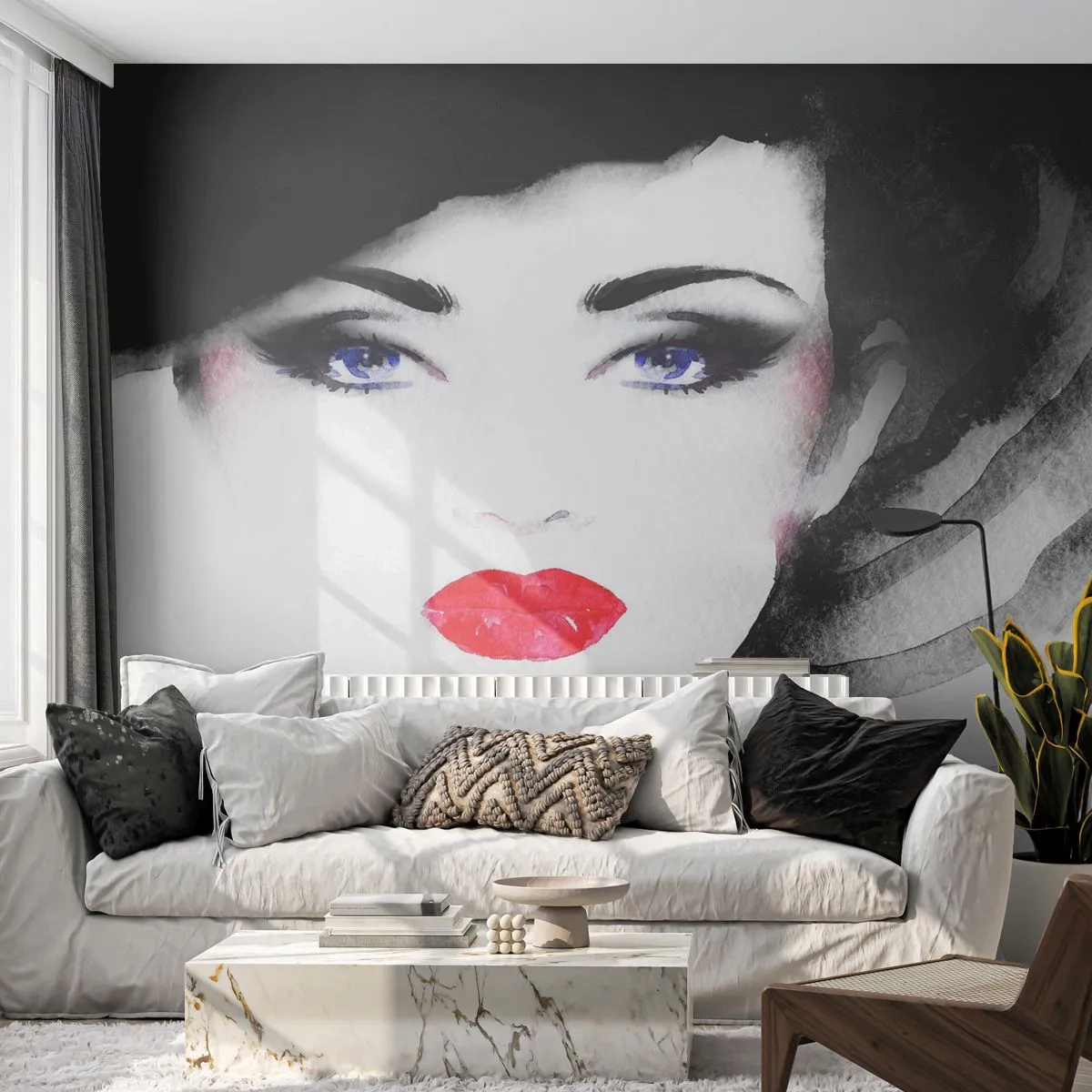 Papier Peint Photo Standard Eco - Elle repousse et attire - Visage de femme, lèvres rouges, Yeux bleus - 400x280 cm