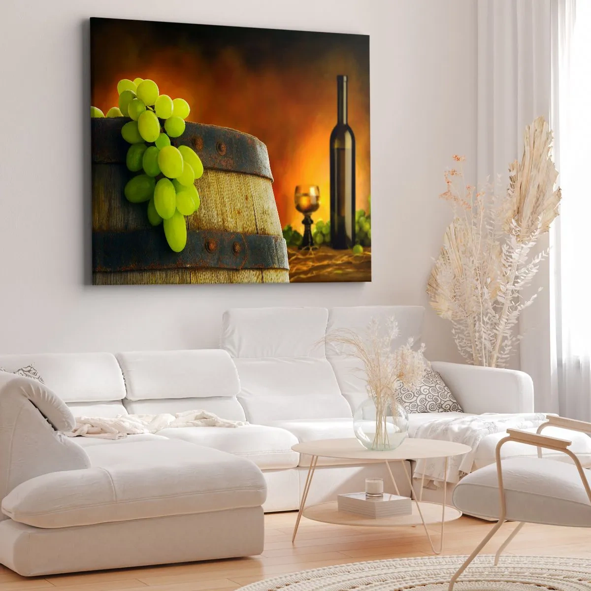 Impression sur toile - Image sur toile - Raisins sur un tonneau de vin avec une palette de couleurs chaudes en arrière-plan - 120x80cm - Nature morte avec une bouteille de vin et une grappe de raisin - Décoration murale moderne pour le salon et la chambre