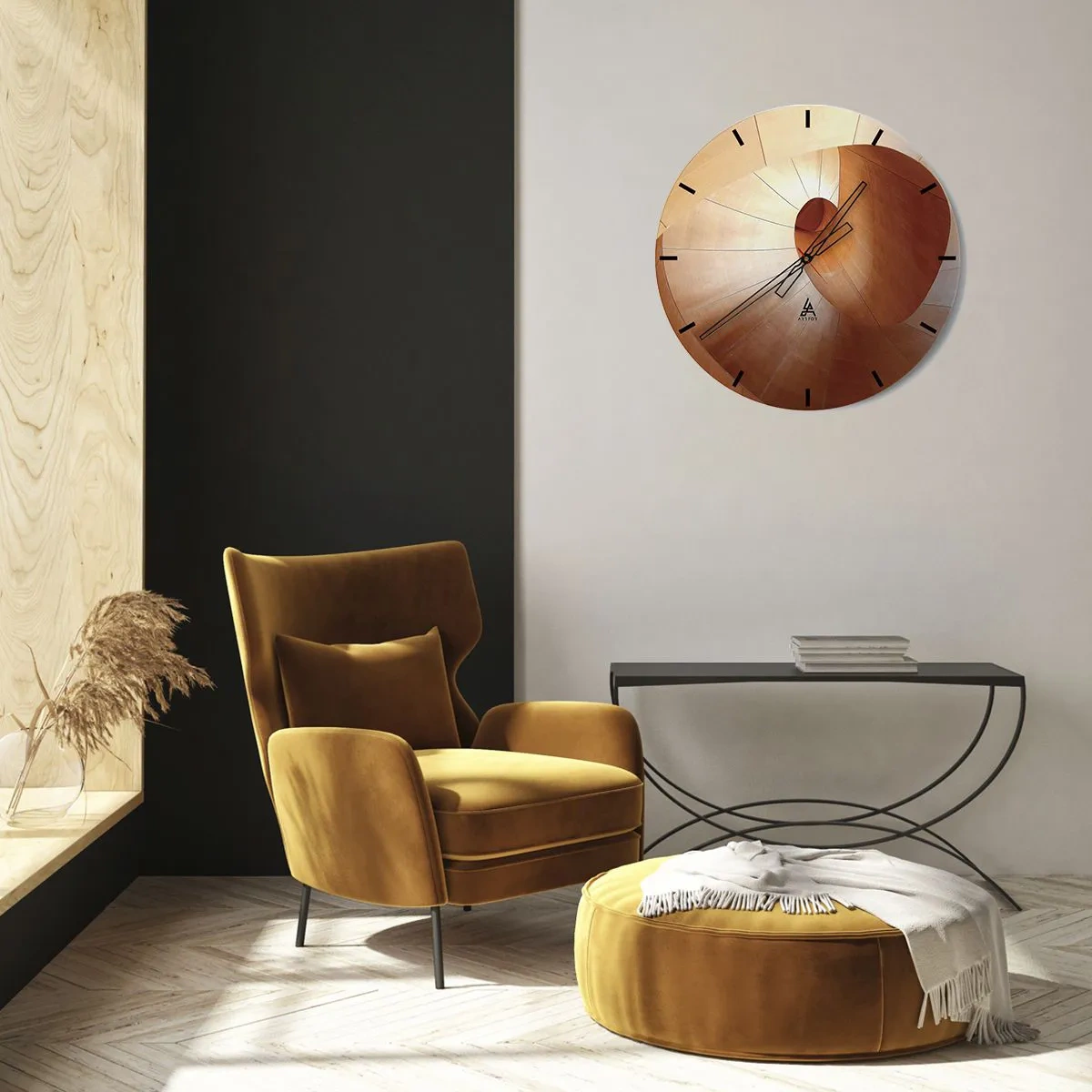 Horloge murale - Pendule murale - Escalier en colimaçon en bois de style organique - 30x30cm - Serpentin architectural - Décoration murale moderne pour le salon, la cuisine et la chambre ARTTOR