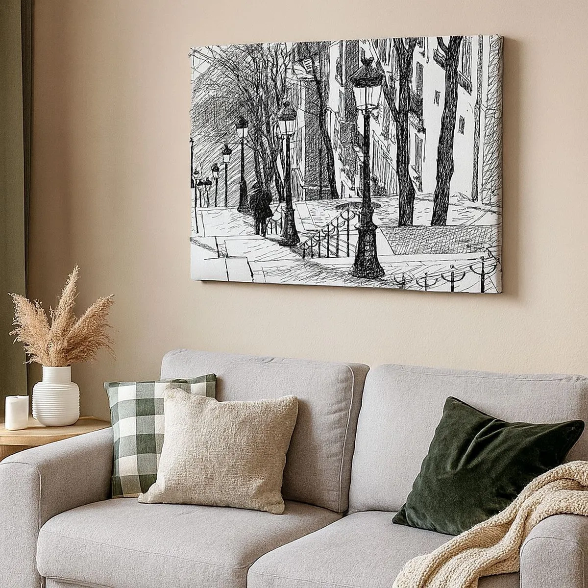 Impression sur toile - Image sur toile - Une rue avec des lampadaires et une silhouette humaine en technique d'esquisse - 70x50cm - Une histoire d'amour ou une histoire d'horreur ? - Décoration murale moderne pour le salon et la chambre ARTTOR