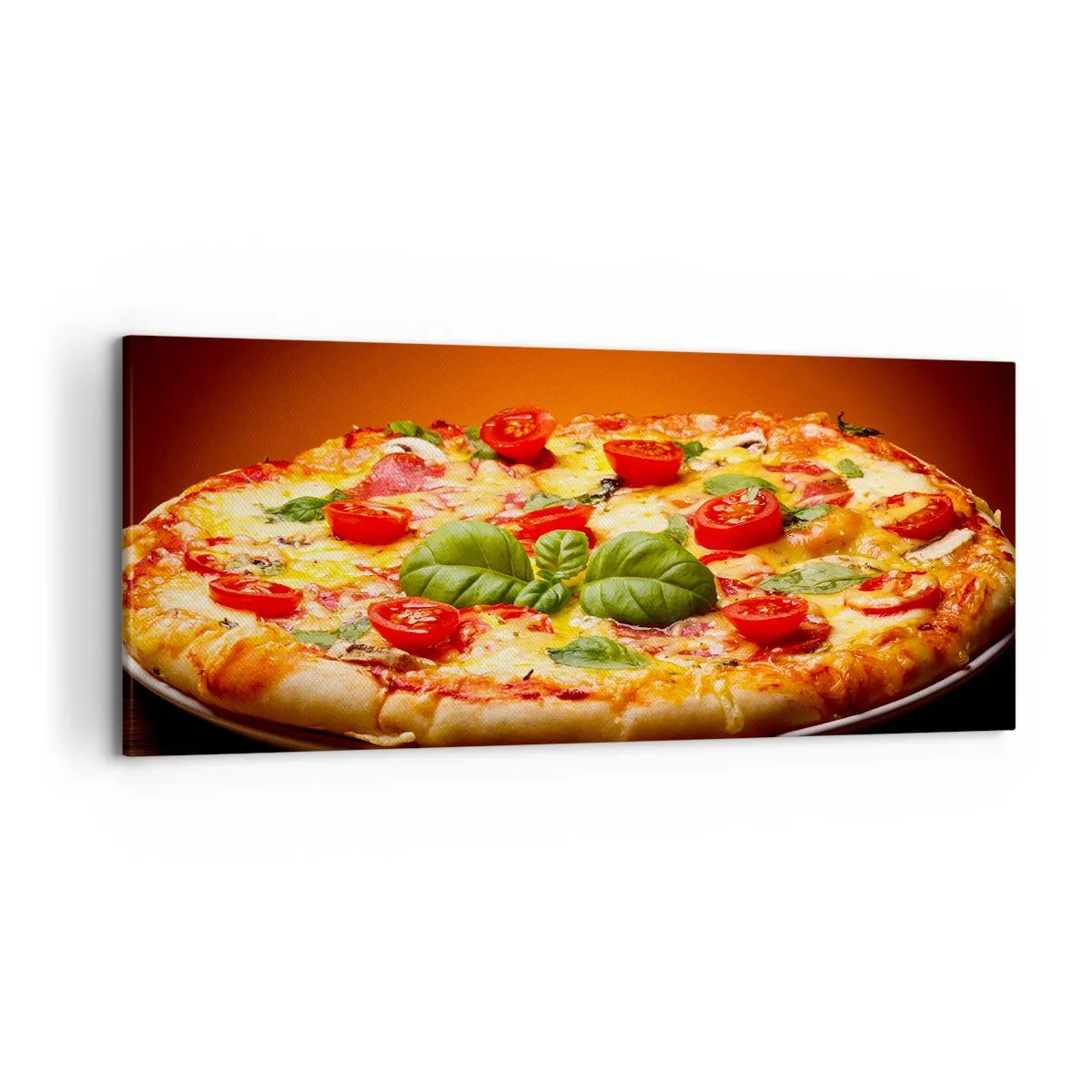 Impression sur toile - Image sur toile - Pizza aux tomates et au basilic sur une table en bois - 120x50cm - Mamma mia! - Décoration murale moderne pour le salon et la chambre ARTTOR