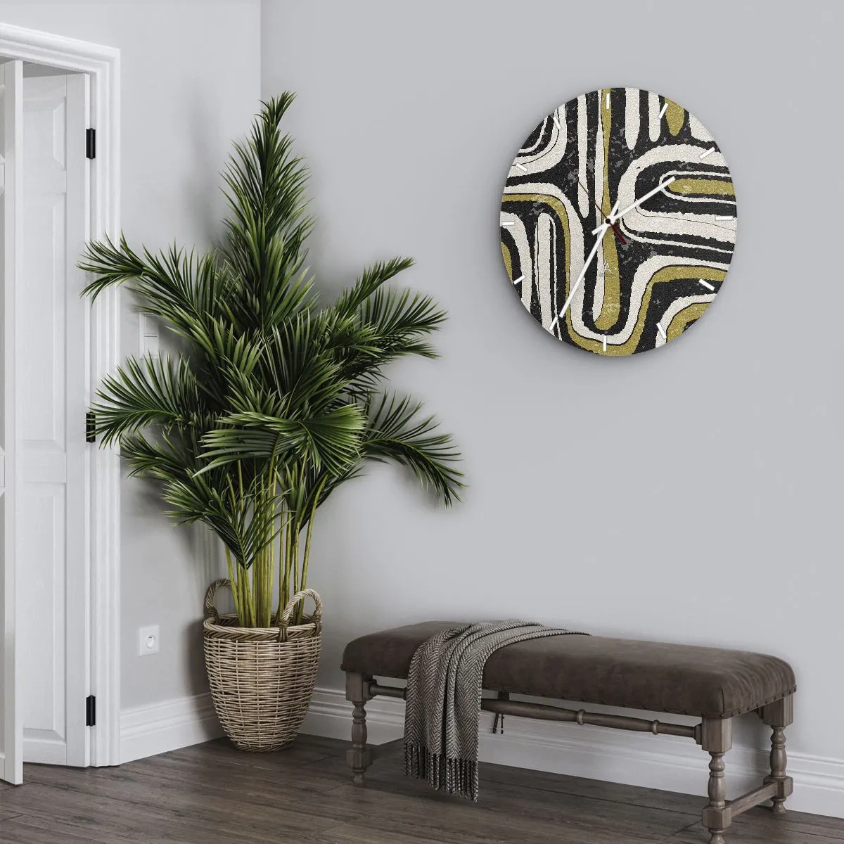 Horloge murale - Pendule murale - Rayures géométriques dans les tons beige, noir et olive - 30x30cm - Composition : routes et ruelles - Décoration murale moderne pour le salon, la cuisine et la chambre ARTTOR
