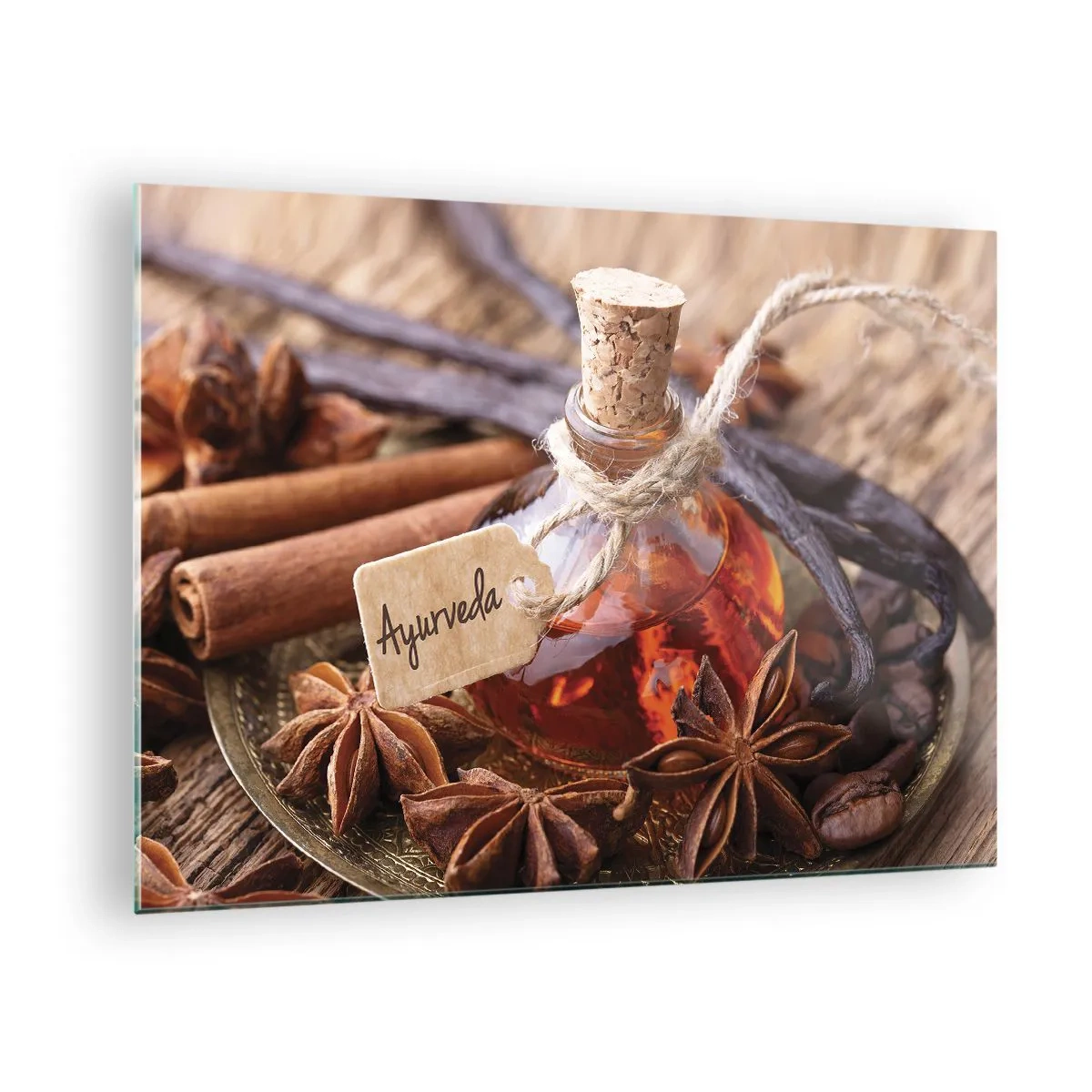 Impression sur verre - Image sur verre - Bouteille d'huile et d'épices de style ayurvédique - 70x50cm - Vers l'unité du corps et de l'esprit - Décoration murale moderne pour le salon et la chambre ARTTOR