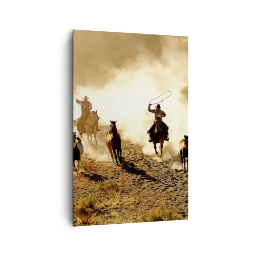 Impression sur toile - Image sur toile - Cowboys à cheval en action sur un terrain désertique - 80x120cm - L'ouest vraiment sauvage - Décoration murale moderne pour le salon et la chambre ARTTOR