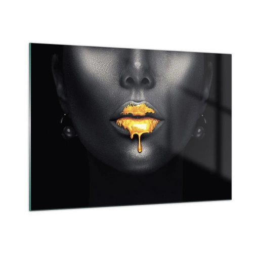 Impression sur verre - Image sur verre - Portrait noir et or d'une femme aux lèvres brillantes - 100x70cm - Bouche d'or - Décoration murale moderne pour le salon et la chambre ARTTOR