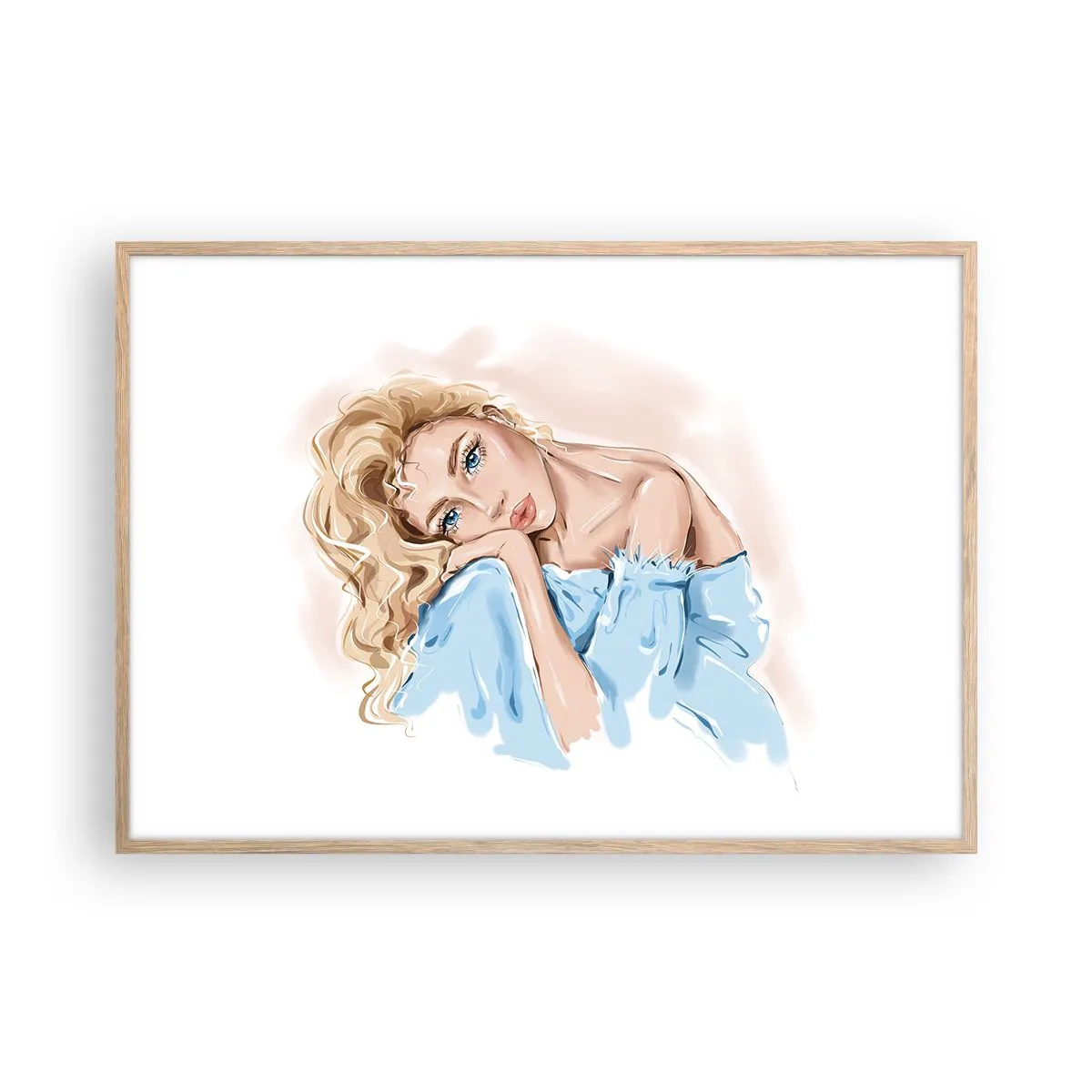 Affiche dans un chêne clair - Poster - Rêveuse en bleu - 100x70 cm
