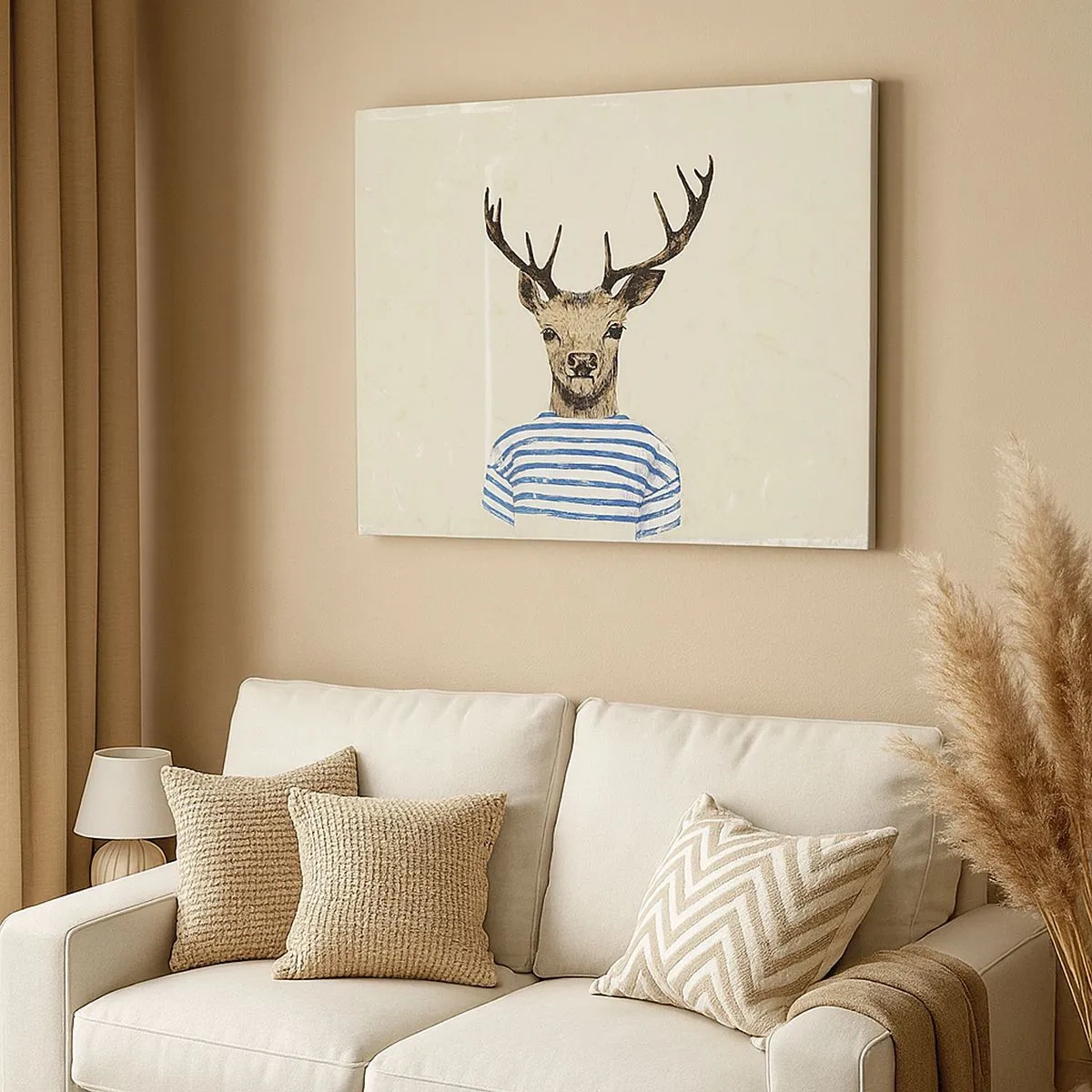 Impression sur toile - Image sur toile - Un cerf en chemise rayée sur un fond clair avec une texture délicate - 70x50cm - Parce que j'aime les chemises rayées - Décoration murale moderne pour le salon et la chambre ARTTOR