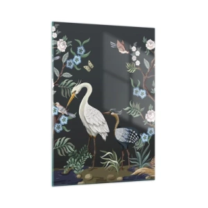 Impression sur verre - Image sur verre - Oiseaux colorés parmi des branches fleuries sur un fond sombre - 50x70cm - Parade d'oiseaux - Décoration murale moderne pour le salon et la chambre ARTTOR