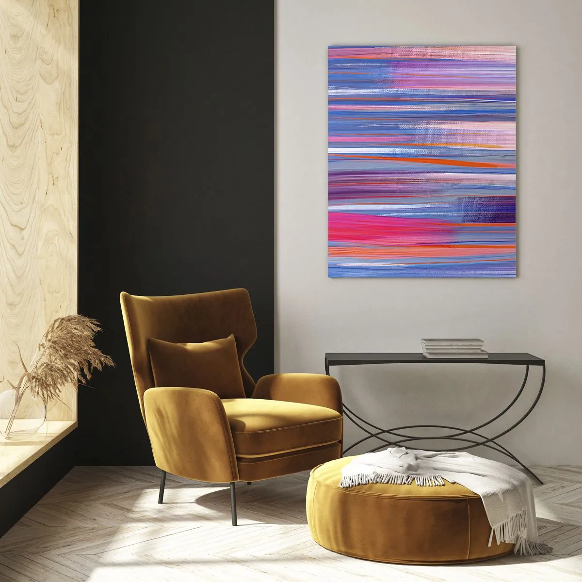 Impression sur verre - Image sur verre - Des stries verticales colorées dans des tons de rose, de violet et de bleu - 50x70cm - Ascension - Décoration murale moderne pour le salon et la chambre ARTTOR