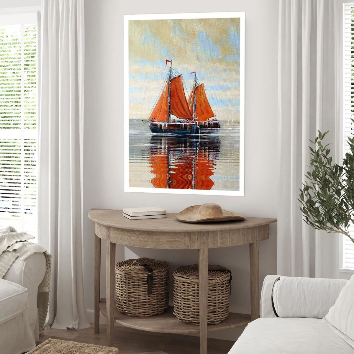 Affiche - Poster - Voiliers sur eau calme avec voiles rouges - 50x70cm - He, navigue, marin - Décoration murale moderne pour le salon et la chambre ARTTOR