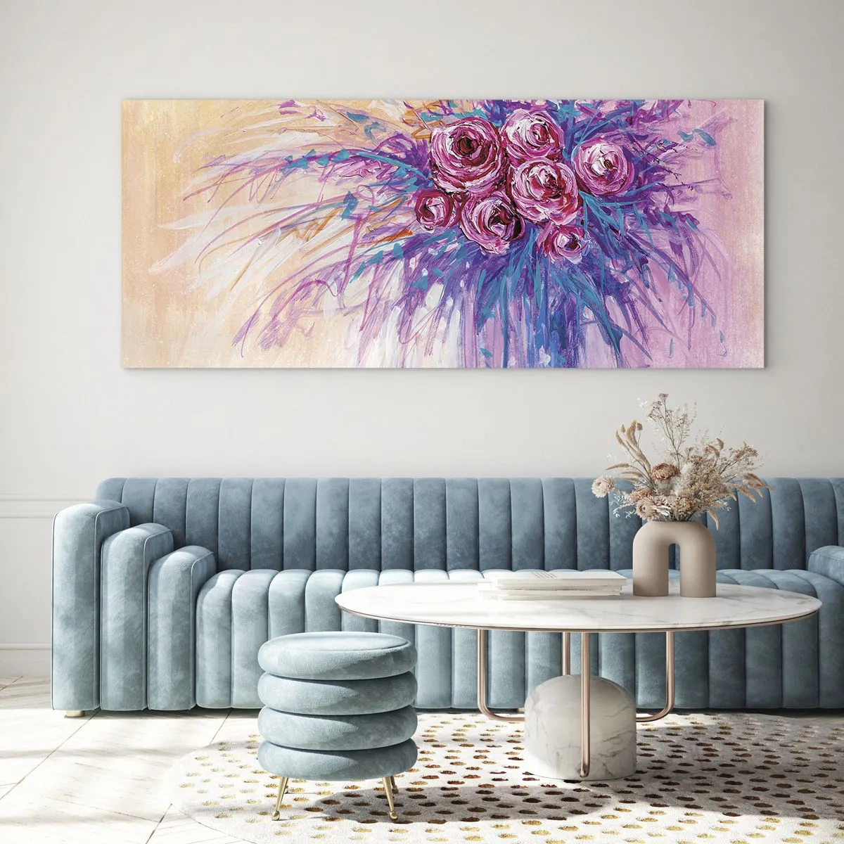 Impression sur verre - Image sur verre - Un bouquet de roses aux couleurs pastel - 160x50cm - Fontaine aux roses - Décoration murale moderne pour le salon et la chambre ARTTOR