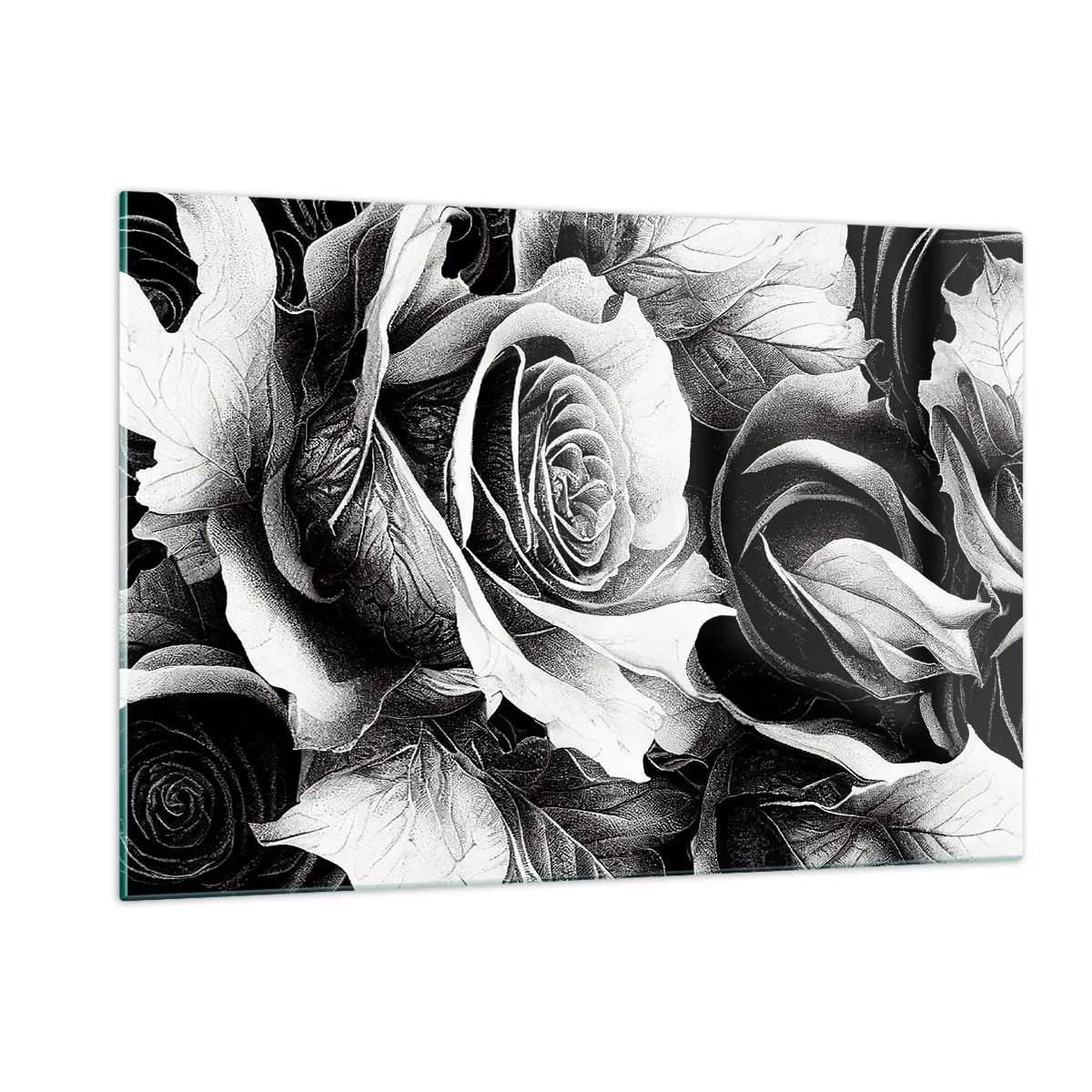 Impression sur verre - Image sur verre - Composition florale de roses noires et blanches avec détails - 120x80cm - Toujours une reine - Décoration murale moderne pour le salon et la chambre ARTTOR