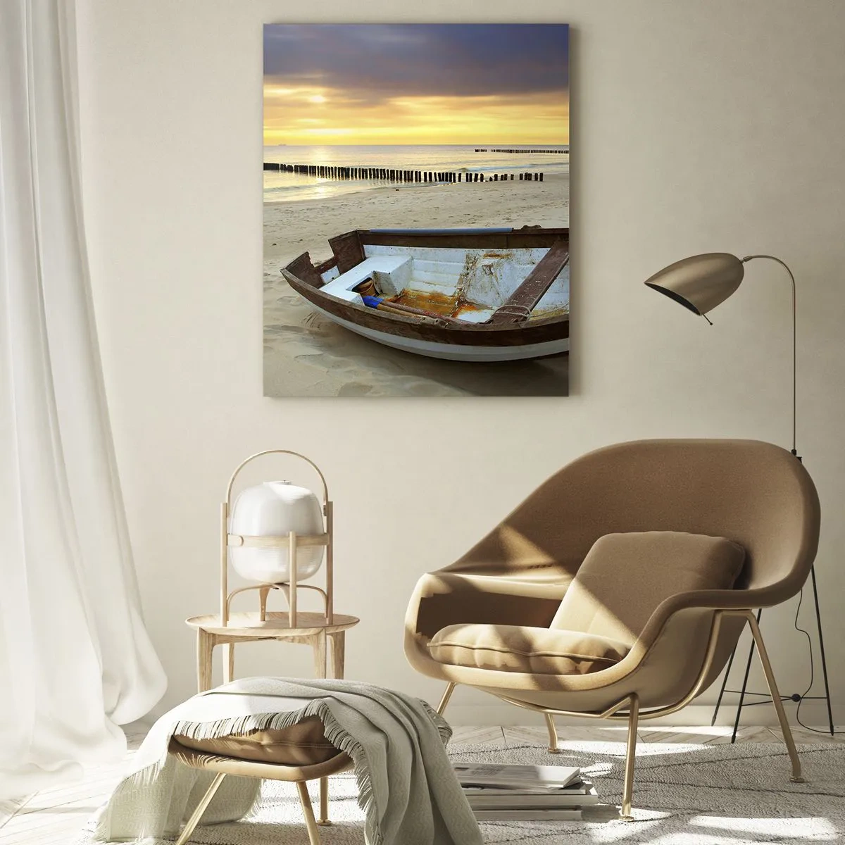 Impression sur verre - Image sur verre - Un bateau sur une plage de sable au lever du soleil - 50x70cm - Il n'y a pas de plus belles plages - Décoration murale moderne pour le salon et la chambre ARTTOR