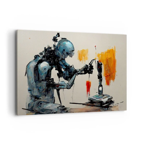 Impression sur toile - Image sur toile - Robot au travail avec un arrière-plan abstrait - 100x70cm - Déjà demain… - Décoration murale moderne pour le salon et la chambre ARTTOR