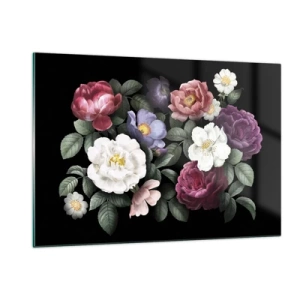 Impression sur verre - Image sur verre - Composition florale avec des pivoines sur fond noir - 120x80cm - D'un jardin anglais - Décoration murale moderne pour le salon et la chambre ARTTOR