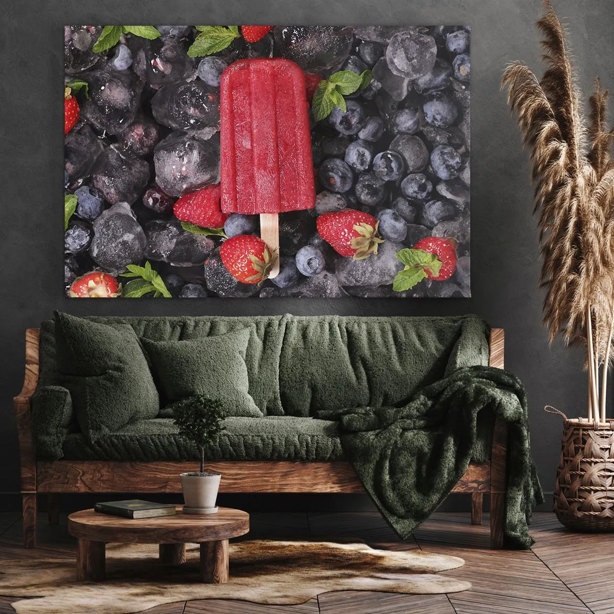 Impression sur toile - Image sur toile - Glace rouge entourée de fruits et de glace - 120x80cm - Le goût d’un été chaud - Décoration murale moderne pour le salon et la chambre ARTTOR