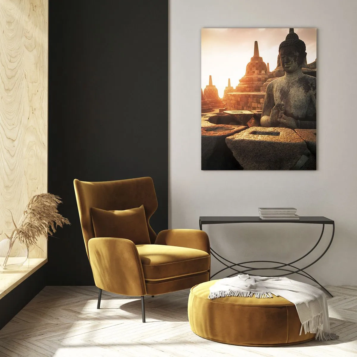 Impression sur verre - Image sur verre - Statue de Bouddha au temple de Borobudur au coucher du soleil - 80x120cm - Temps de grande sagesse - Décoration murale moderne pour le salon et la chambre ARTTOR