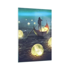 Impression sur verre - Image sur verre - Une silhouette dans un bateau entourée de boules lumineuses sur l'eau - 70x100cm - Des choses dont les philosophes n'ont jamais rêvé - Décoration murale moderne pour le salon et la chambre ARTTOR