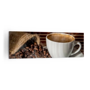 Impression sur toile - Image sur toile - Une tasse de café avec des grains sur un fond de bambou - 160x50cm - La noirceur du charbon, la clarté de l'ambre - Décoration murale moderne pour le salon et la chambre ARTTOR