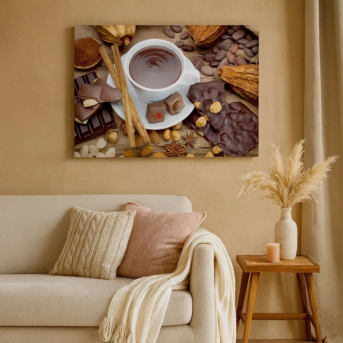 Impression sur toile - Image sur toile - Une tasse de chocolat chaud entourée d'ingrédients de dessert - 70x50cm - D'une chocolaterie de conte de fées - Décoration murale moderne pour le salon et la chambre ARTTOR
