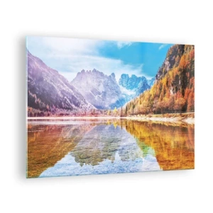 Impression sur verre - Image sur verre - Les montagnes d'automne se reflètent dans le lac, entourées d'arbres colorés - 70x50cm - C'est déjà le printemps à la montagne - Décoration murale moderne pour le salon et la chambre ARTTOR