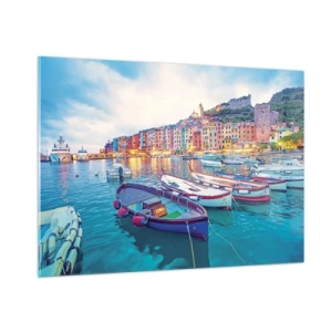 Impression sur verre - Image sur verre - Vue nocturne des Cinque Terre avec ses bâtiments colorés - 100x70cm - Soirée colorée au port - Décoration murale moderne pour le salon et la chambre ARTTOR