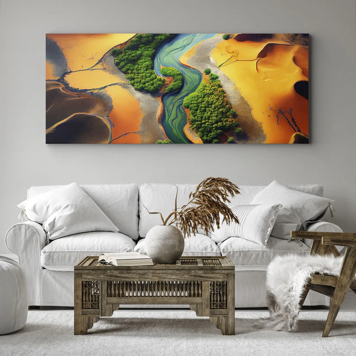 Impression sur toile - Image sur toile - Une rivière verte entourée de sable doré et de végétation - 160x50cm - Rivière vivifiante - Décoration murale moderne pour le salon et la chambre ARTTOR