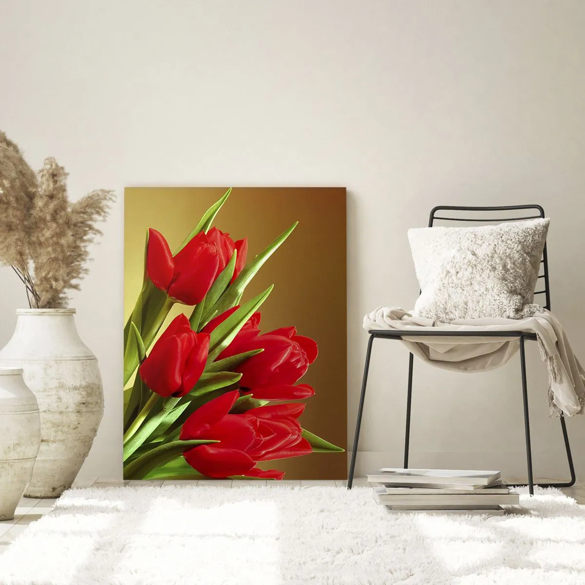 Impression sur verre - Image sur verre - Un bouquet de tulipes rouges sur fond doré - 50x70cm - Amas de joie printanière - Décoration murale moderne pour le salon et la chambre ARTTOR