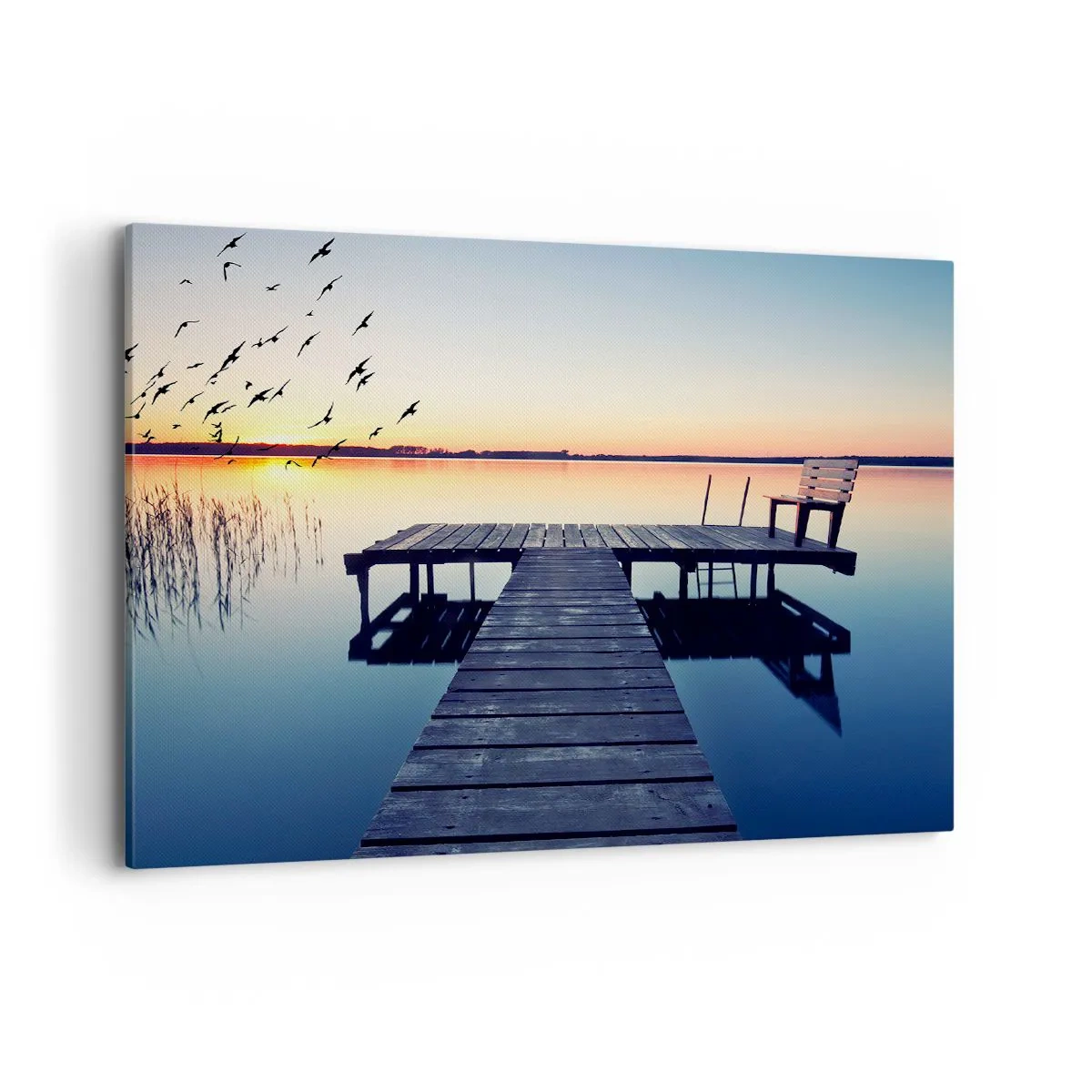 Impression sur toile - Image sur toile - Jetée en bois sur un lac au lever du soleil avec des oiseaux - 100x70cm - C'était une bonne journée - Décoration murale moderne pour le salon et la chambre ARTTOR