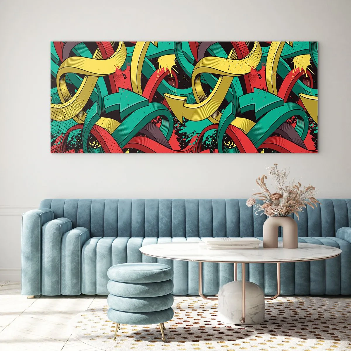 Impression sur verre - Image sur verre - Des flèches abstraites aux couleurs vives créant le chaos - 120x50cm - Quel chemin vers le but ? - Décoration murale moderne pour le salon et la chambre ARTTOR