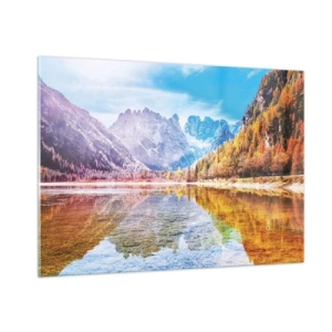 Impression sur verre - Image sur verre - Les montagnes d'automne se reflètent dans le lac, entourées d'arbres colorés - 100x70cm - C'est déjà le printemps à la montagne - Décoration murale moderne pour le salon et la chambre ARTTOR