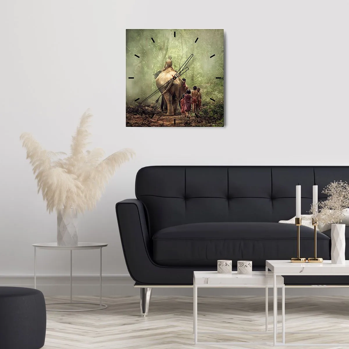 Horloge murale - Pendule murale - Enfants avec un éléphant dans une forêt verte à la lumière du matin - 30x30cm - Nouveau livre de la jungle - Décoration murale moderne pour le salon et la chambre ARTTOR