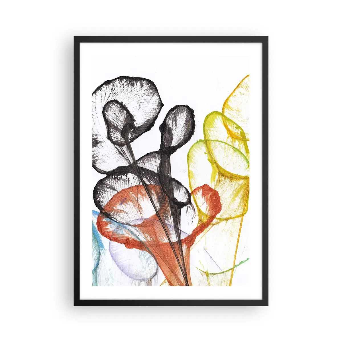 Affiche dans un cadre noir - Poster - Feuilles colorées dans une composition artistique et transparente - 50x70cm - Fleurs avec une âme - Décoration murale moderne pour le salon et la chambre ARTTOR