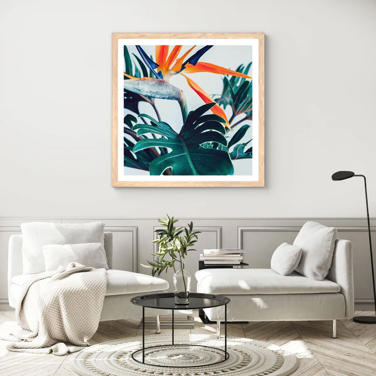 Affiche dans un chêne clair - Poster - Le buisson oiseaux - 60x60 cm