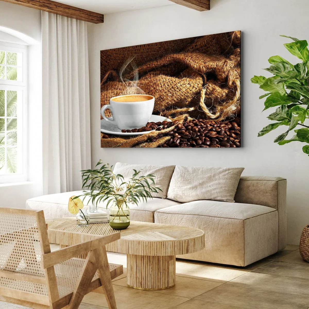 Impression sur toile - Image sur toile - Une tasse de café entourée d'un sac de grains de café - 70x50cm - L'odeur du moka et la densité du miel liquide - Décoration murale moderne pour le salon et la chambre ARTTOR