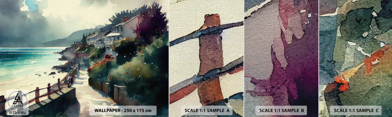 Échantillon de Papier Peint Premium Canvas - Ville méditerranéenne - Maisons, Paysage, Plage - 100x30 cm