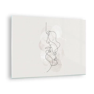 Impression sur verre - Image sur verre - Un dessin minimaliste des visages de deux personnes dans une étreinte subtile et sensuelle. - 70x50cm - Emmêlé dans une étreinte - Décoration murale moderne pour le salon et la chambre ARTTOR