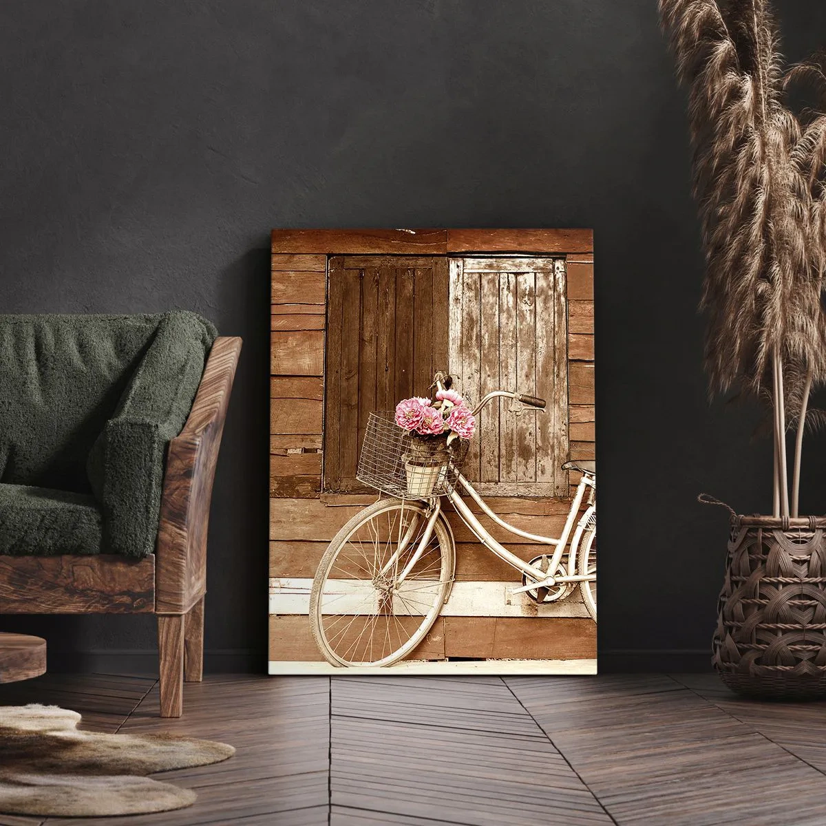 Impression sur toile - Image sur toile - Un vélo avec un panier rempli de roses contre un mur en bois - 50x70cm - Je reviens tout de suite - Décoration murale moderne pour le salon et la chambre ARTTOR