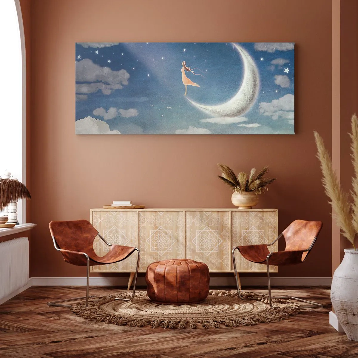Impression sur toile - Image sur toile - Une femme dans la lune entourée d'étoiles et de nuages - 160x50cm - Valise bleue - Décoration murale moderne pour le salon et la chambre ARTTOR
