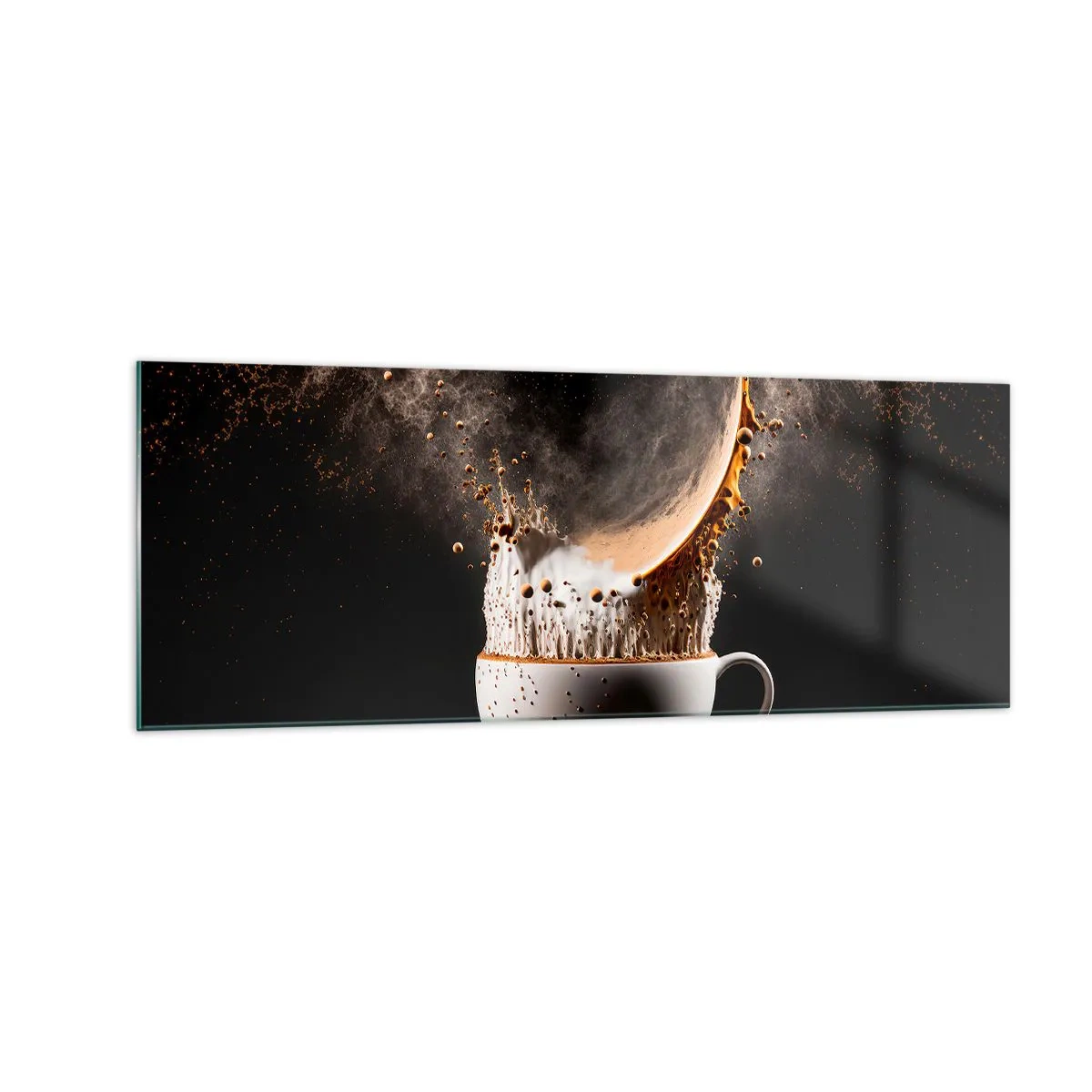 Impression sur verre - Image sur verre - Une tasse de café avec une explosion dynamique de liquide sur fond noir. - 140x50cm - Une explosion de saveur - Décoration murale moderne pour le salon et la chambre ARTTOR