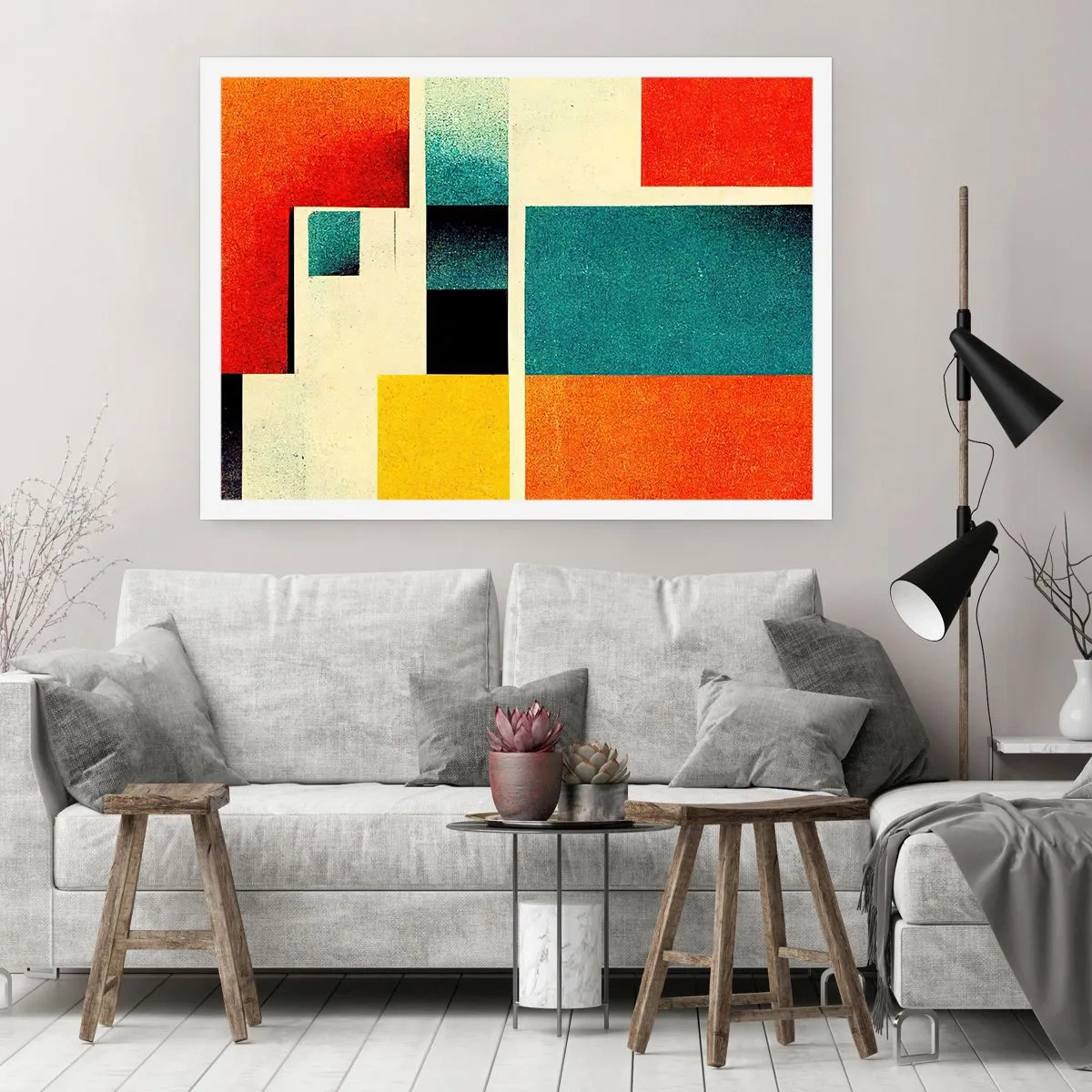 Affiche - Poster - Abstraction géométrique avec des rectangles et des carrés colorés - 100x70cm - Abstraction géométrique – bonne énergie - Décoration murale moderne pour le salon et la chambre ARTTOR