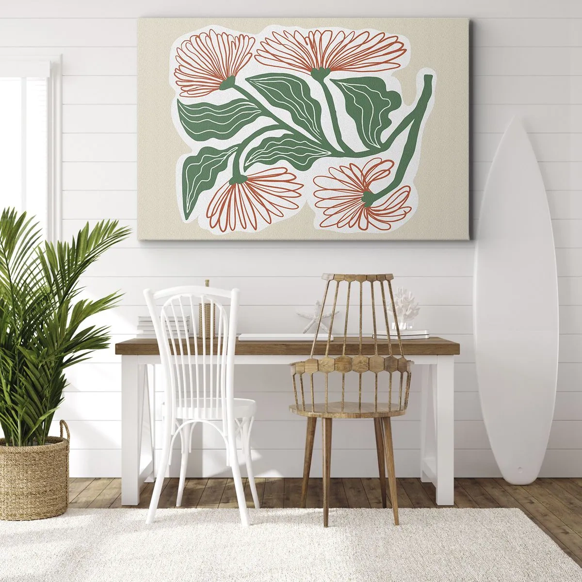 Impression sur toile - Image sur toile - Un dessin de fleurs dans un style minimaliste avec des feuilles vertes - 100x70cm - Folk et moderne - Décoration murale moderne pour le salon et la chambre ARTTOR