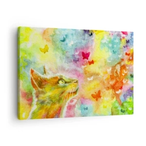 Impression sur toile - Image sur toile - Un chat entouré de papillons colorés - 70x50cm - Bayou-bayou au paradis des chats - Décoration murale moderne pour le salon et la chambre ARTTOR