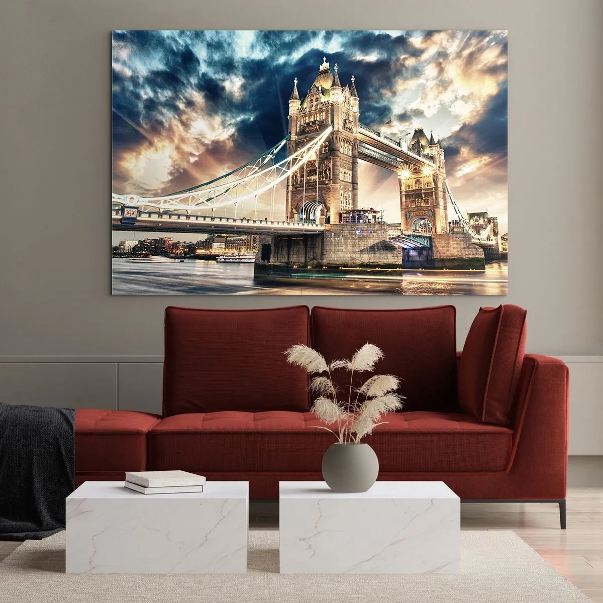 Impression sur verre - Image sur verre - Le Tower Bridge à Londres sous un ciel dramatique - 120x80cm - Monument de l'empire victorien - Décoration murale moderne pour le salon et la chambre ARTTOR