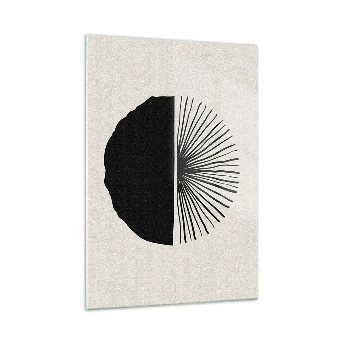 Impression sur verre - Image sur verre - Une forme géométrique noire avec un éventail de lignes sur un fond crème. - 50x70cm - Une gamme de possibilités - Décoration murale moderne pour le salon et la chambre ARTTOR