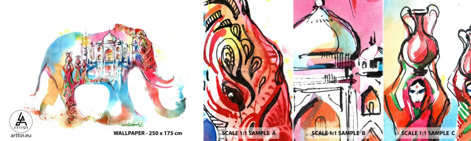 Échantillon De Papier Peint Standard Eco - Inde - l'aura de l'amour - Abstraction, Éléphant, Inde - 100x30 cm