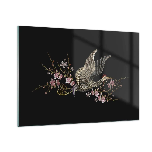 Impression sur verre - Image sur verre - Oiseau brodé en vol avec des fleurs en arrière-plan sur un fond sombre - 100x70cm - Oiseau brodé exotique - Décoration murale moderne pour le salon et la chambre ARTTOR