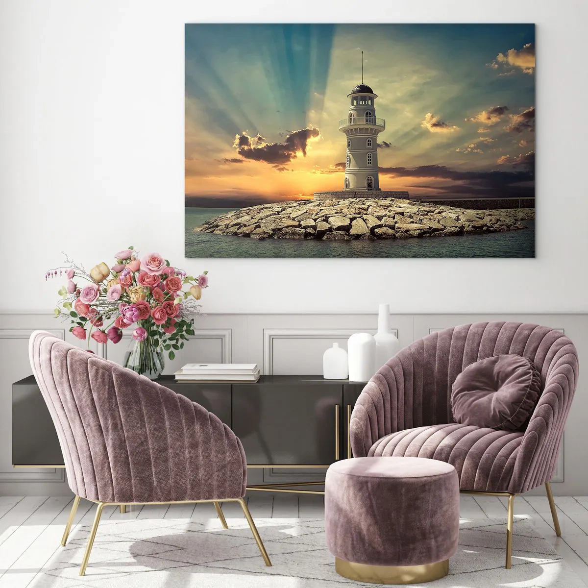 Impression sur verre - Image sur verre - Un phare sur fond de soleil couchant - 100x70cm - Lumière - Bonté - Beauté - Décoration murale moderne pour le salon et la chambre ARTTOR