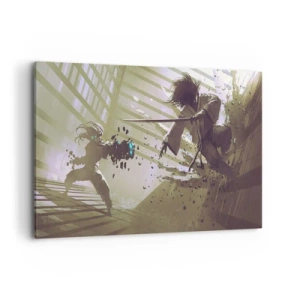 Impression sur toile - Image sur toile - Combat dynamique entre deux personnages dans un style futuriste - 120x80cm - Et tu peux être un samouraï - Décoration murale moderne pour le salon et la chambre ARTTOR